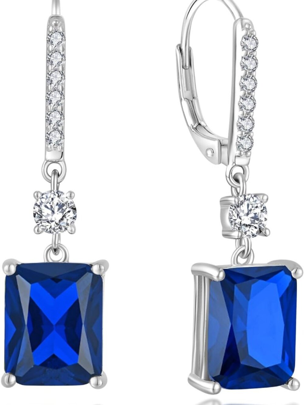 Emerald Cut Dangle Earrings, 925 Sterling Silver, 18K White Gold, Birthstone